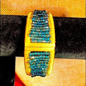 Boho Wire Wrapped Hinged Bangle Bracelet with Blue Glass Beads